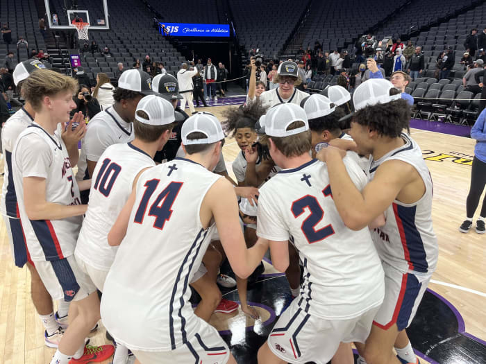 Modesto Christian celebrates its third straight SJS D1 title. 